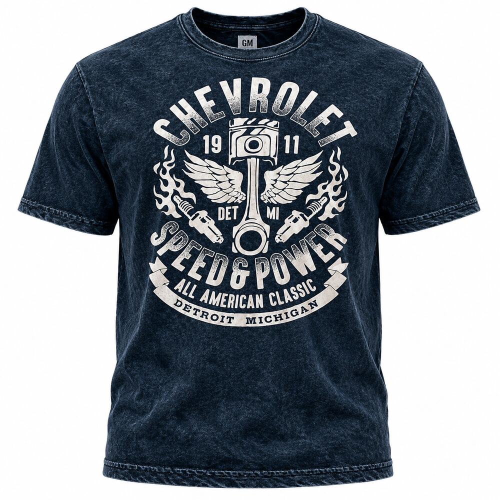 GM Chevrolet Speed & Power Graphic T Shirt Dark Gray Acid Wash Medium
